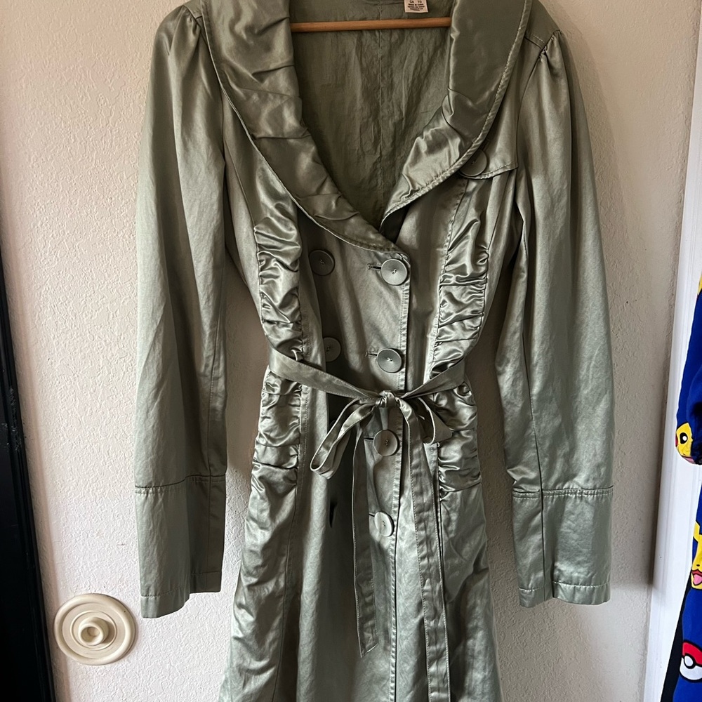 DKNY Sage Green Double-Breasted Trench Coat